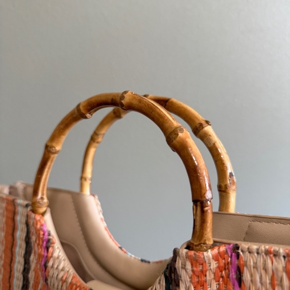 JustFab Wicker Circle Bag with Cane Handle and Boho Colors - Picture 8 of 9